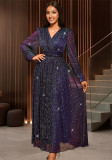 Sexy V-Neck Sequin Long-Sleeve Dress Purple Elegant Formal A-Line Gown