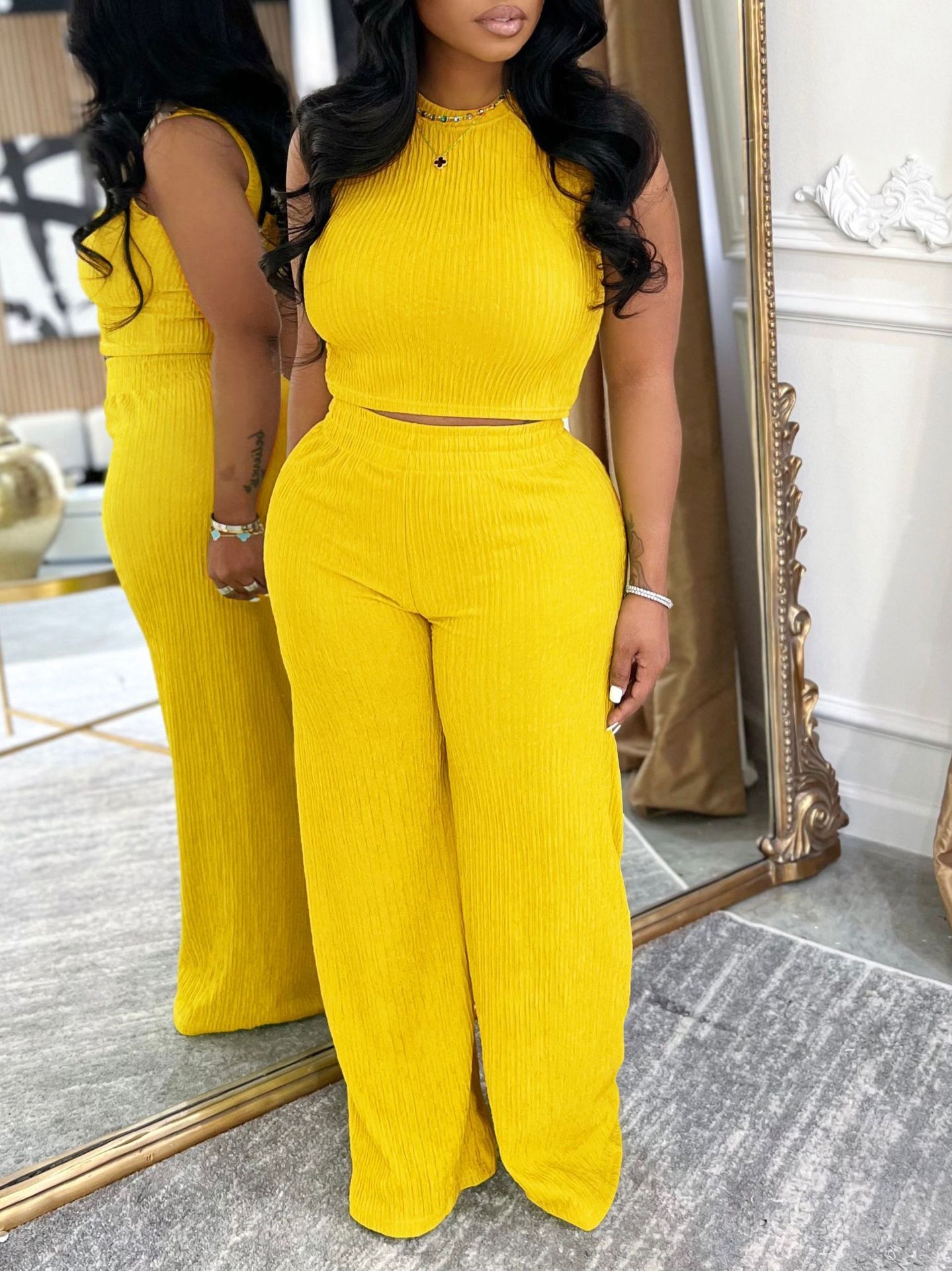 Women Sexy Vest Pleated Pants Two Piece Set