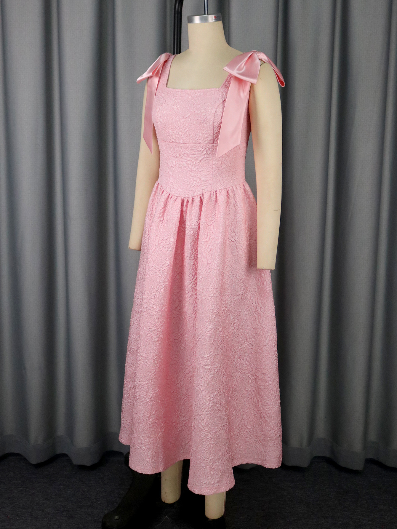 Women's Elegant Bow Lace-Up Rose Jacquard High-Waist A-Line Formal Party Gown