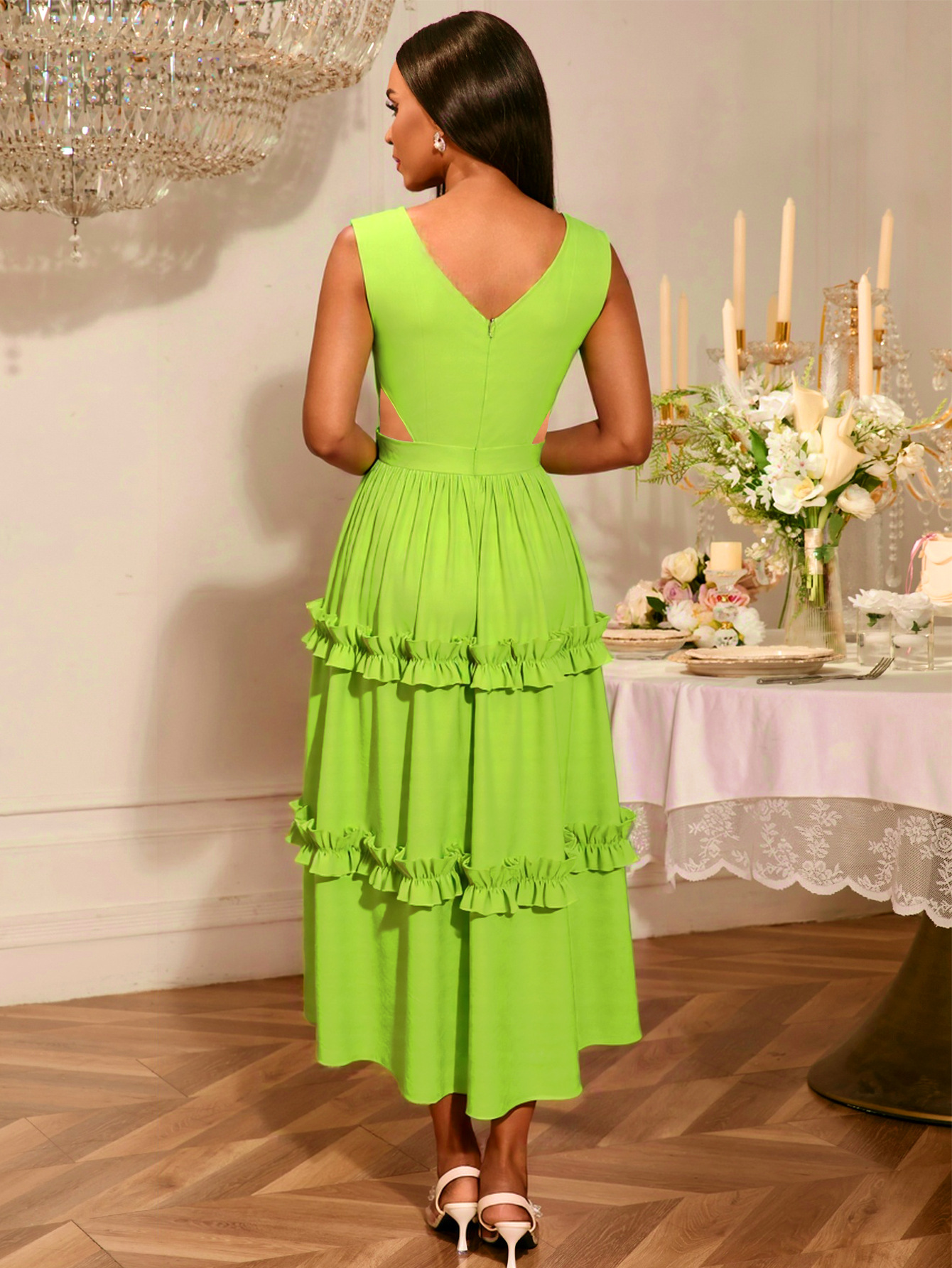 Side Cut-Out Sexy V-Neck Party Dress Ruffled A-Line Formal Gown
