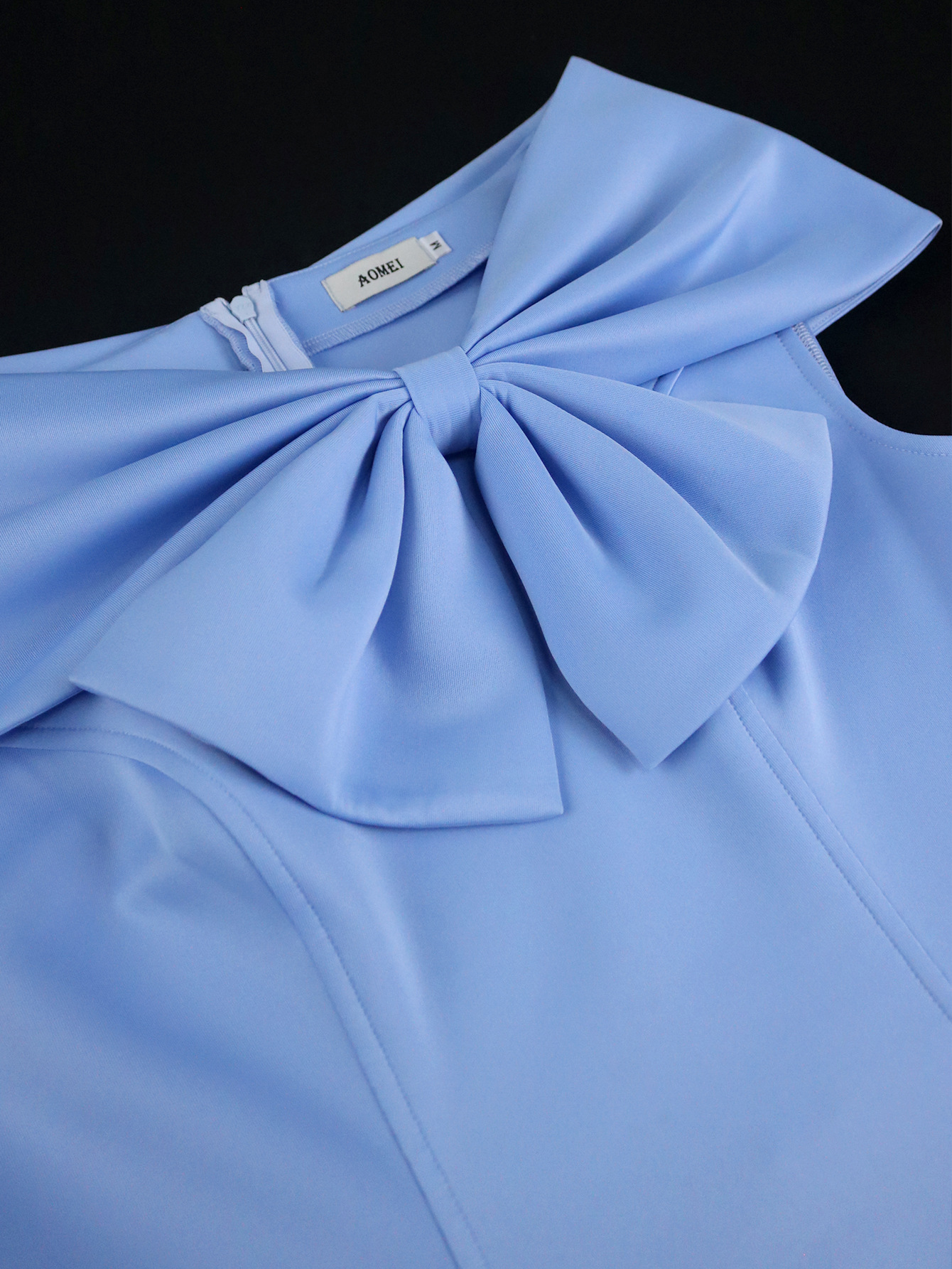 Elegant Bow Off-Shoulder Patchwork Blue Chiffon High-Waist Party Dress