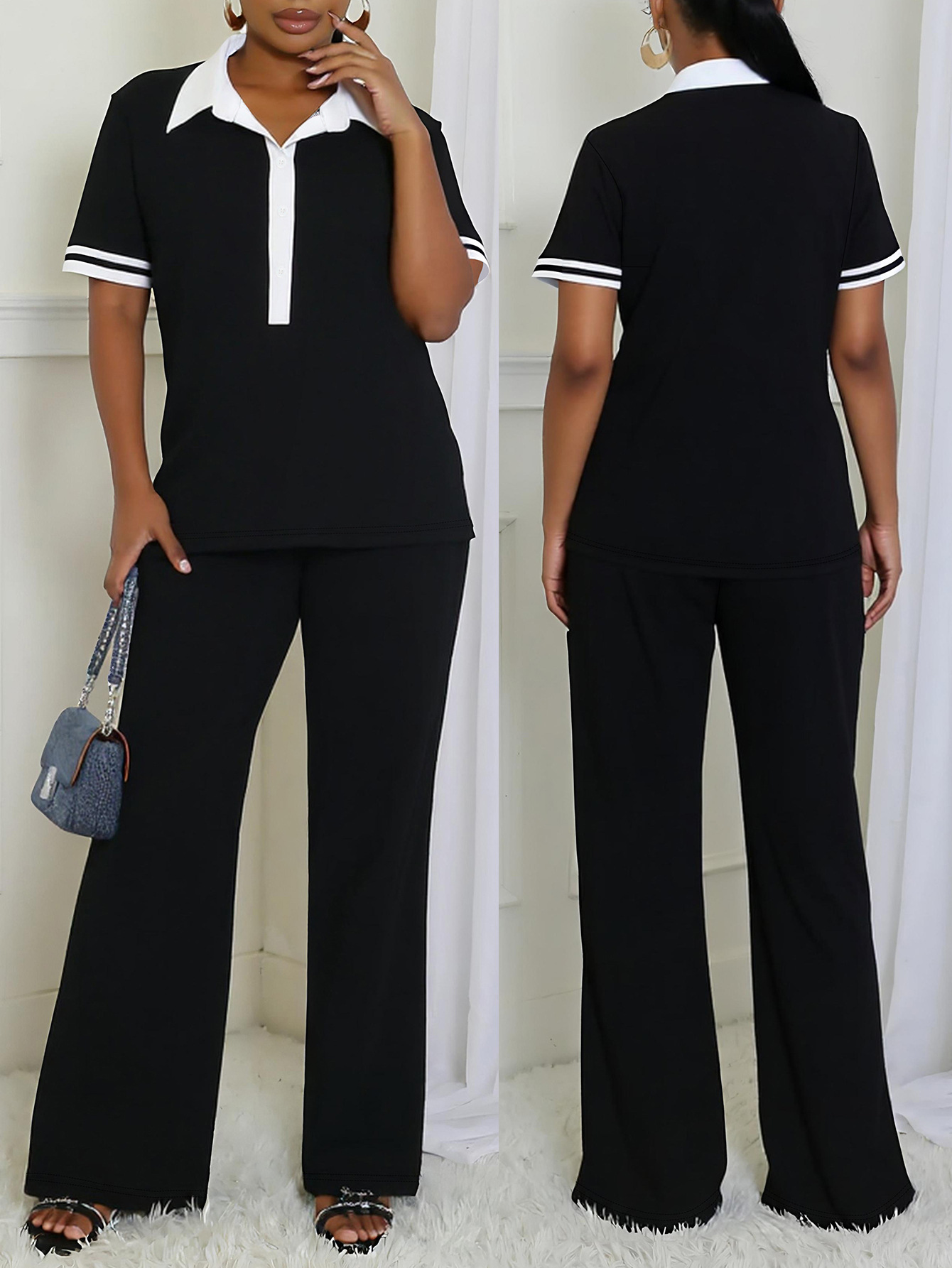 Women's Fashion Elegant V-Neck Short Sleeve Casual Two Piece Pants Set