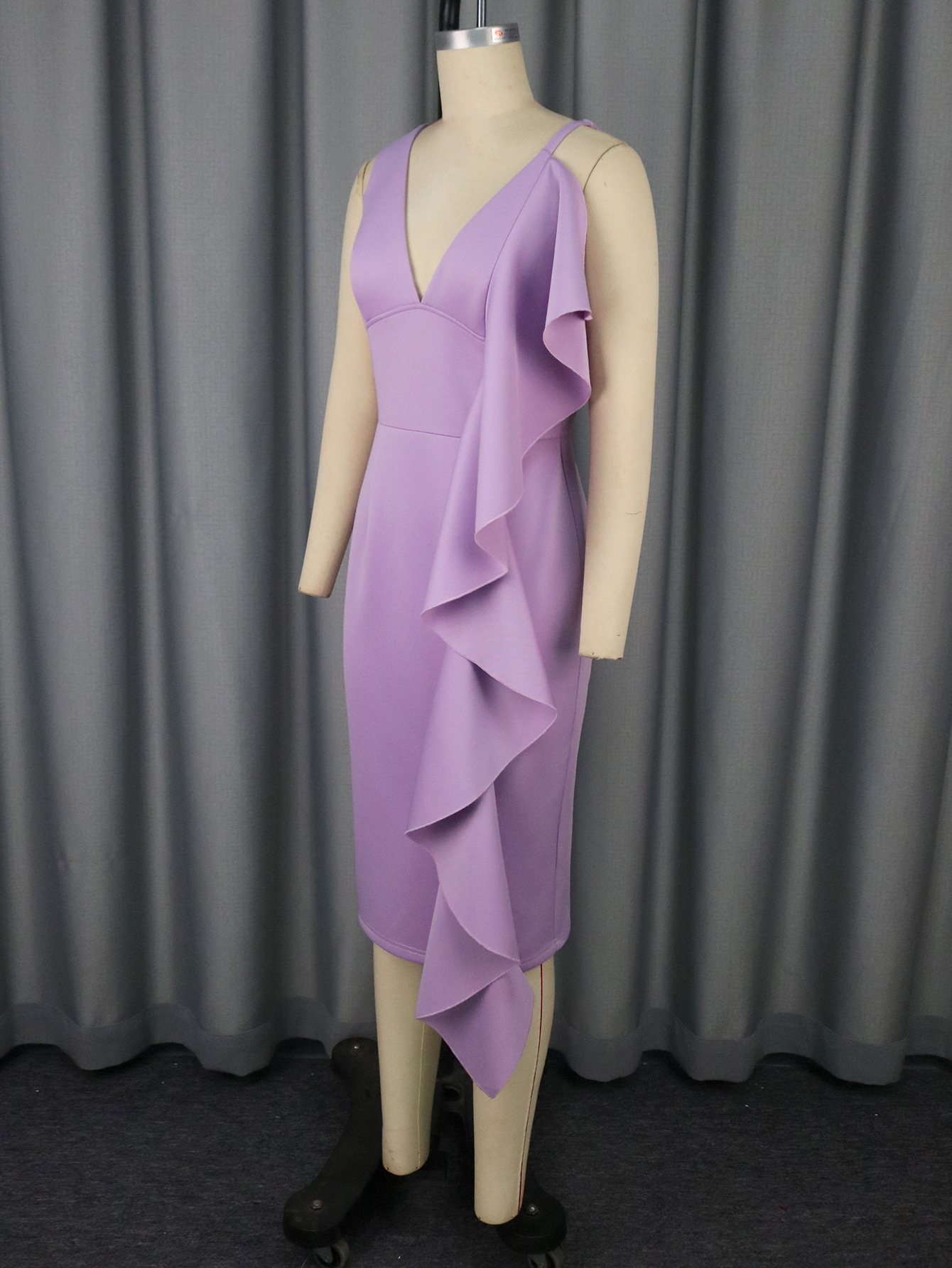 Women's Sexy V-Neck Strap Dress Chic Ruffle Hem Bodycon Formal Party Gown