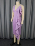 Women's Sexy V-Neck Strap Dress Chic Ruffle Hem Bodycon Formal Party Gown