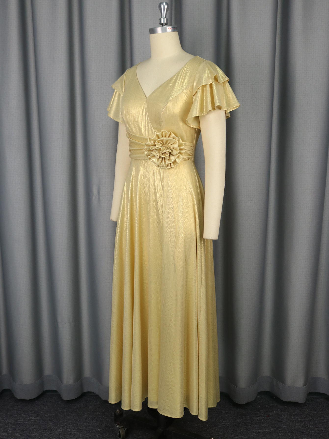 Sexy V-Neck Ruffle-Sleeve Party Dress Chic High-Waist Gold Evening Gown