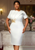 Embroidered Short-Sleeve Plus Size High-Waist Formal Party Dress