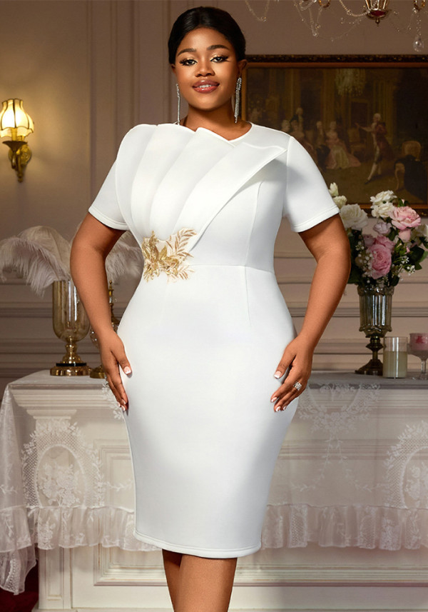 Embroidered Short-Sleeve Plus Size High-Waist Formal Party Dress