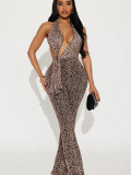 Women's Sexy Leopard Print Low-Back Mesh Halter Neck Jumpsuit