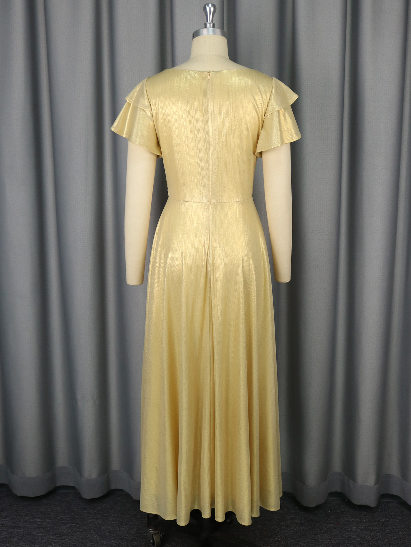 Sexy V-Neck Ruffle-Sleeve Party Dress Chic High-Waist Gold Evening Gown