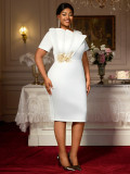 Embroidered Short-Sleeve Plus Size High-Waist Formal Party Dress