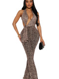 Women's Sexy Leopard Print Low-Back Mesh Halter Neck Jumpsuit