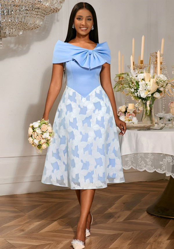 Elegant Bow Off-Shoulder Patchwork Blue Chiffon High-Waist Party Dress