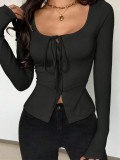 Women Solid Long Sleeve Lace-Up Top Square Neck Sexy Casual T-shirt