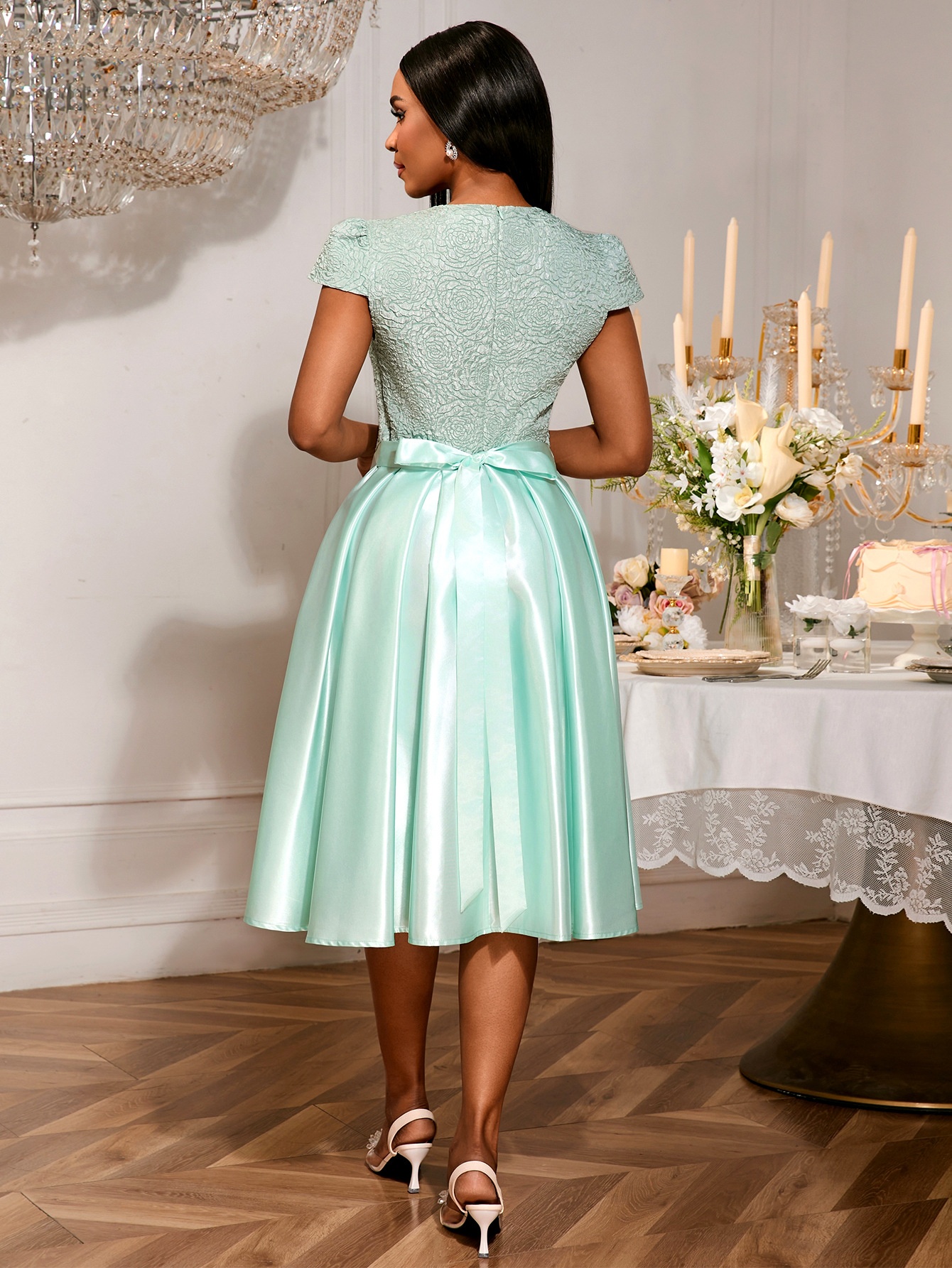 Summer Round Neck Rose Jacquard Bridesmaid Dress Bow Lace-Up Elegant Party Gown