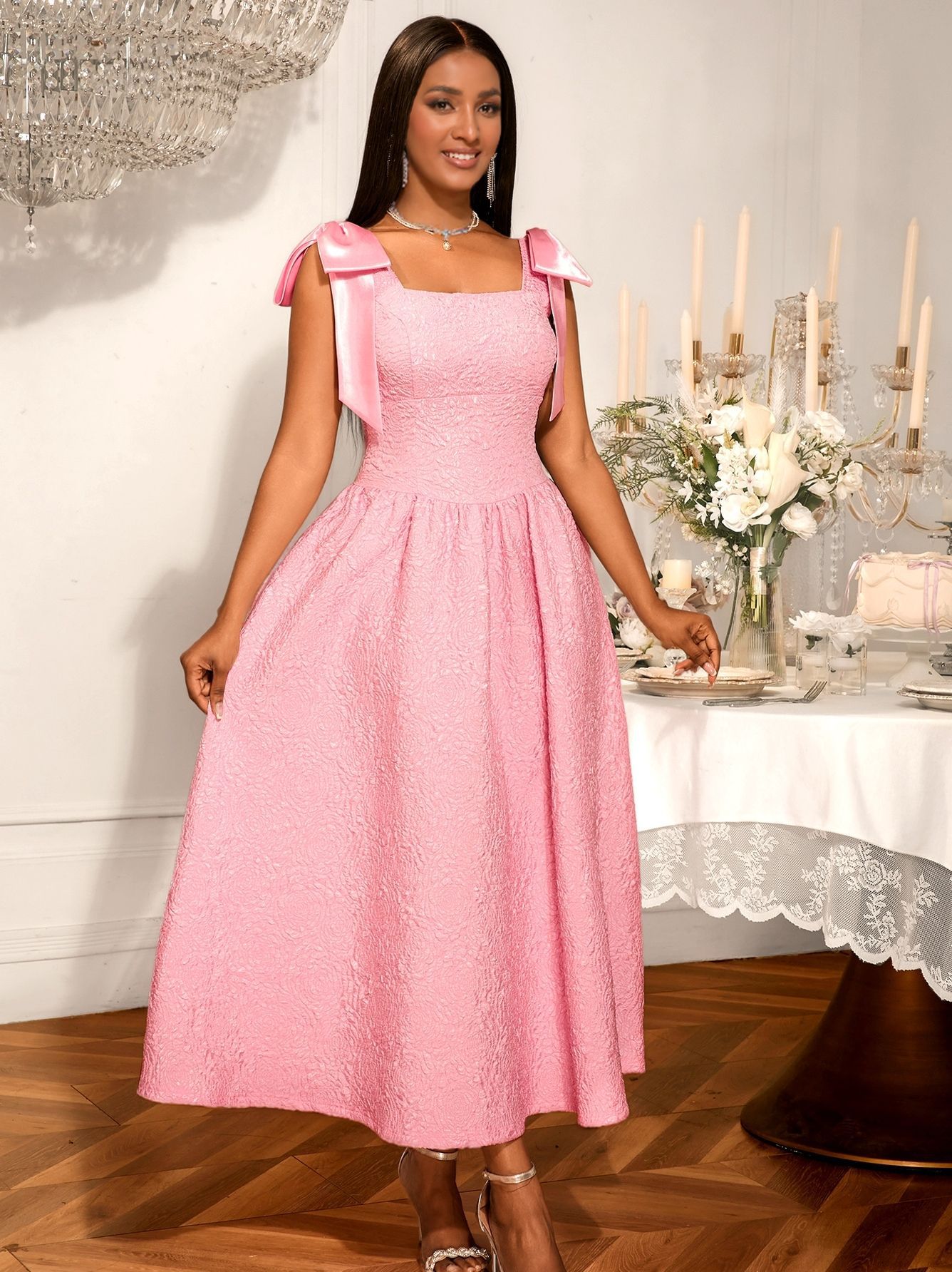 Women's Elegant Bow Lace-Up Rose Jacquard High-Waist A-Line Formal Party Gown