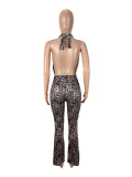 Women's Sexy Leopard Print Low-Back Mesh Halter Neck Jumpsuit
