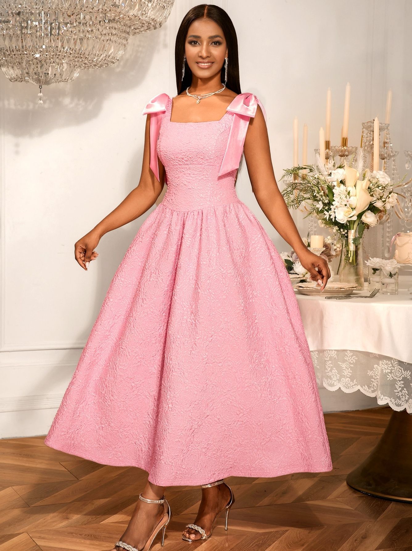 Women's Elegant Bow Lace-Up Rose Jacquard High-Waist A-Line Formal Party Gown