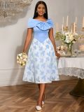 Elegant Bow Off-Shoulder Patchwork Blue Chiffon High-Waist Party Dress