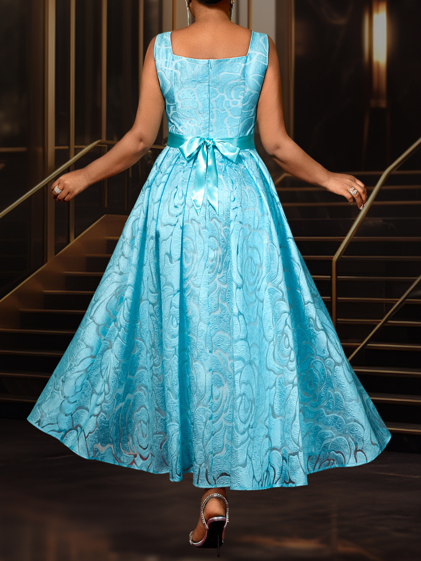 Women's Sexy V-Neck Strap Jacquard High-Waist Elegant Formal Party A-Line Dress