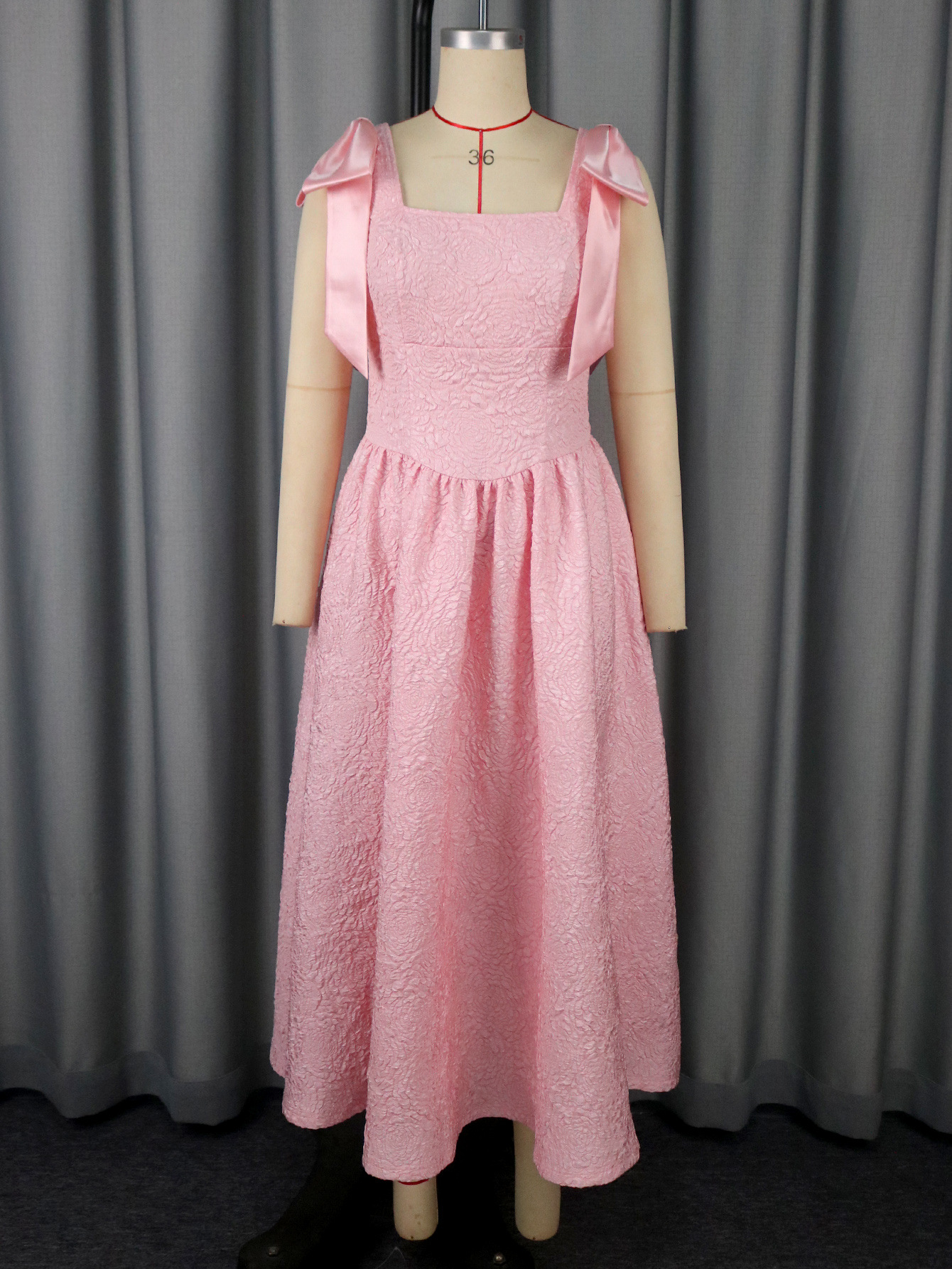 Women's Elegant Bow Lace-Up Rose Jacquard High-Waist A-Line Formal Party Gown