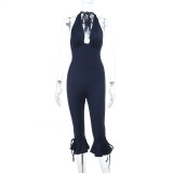 Fall Solid Color Sleeveless Deep V-Neck Halter Jumpsuit
