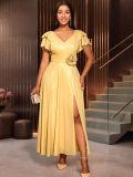 Sexy V-Neck Ruffle-Sleeve Party Dress Chic High-Waist Gold Evening Gown