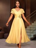 Sexy V-Neck Ruffle-Sleeve Party Dress Chic High-Waist Gold Evening Gown