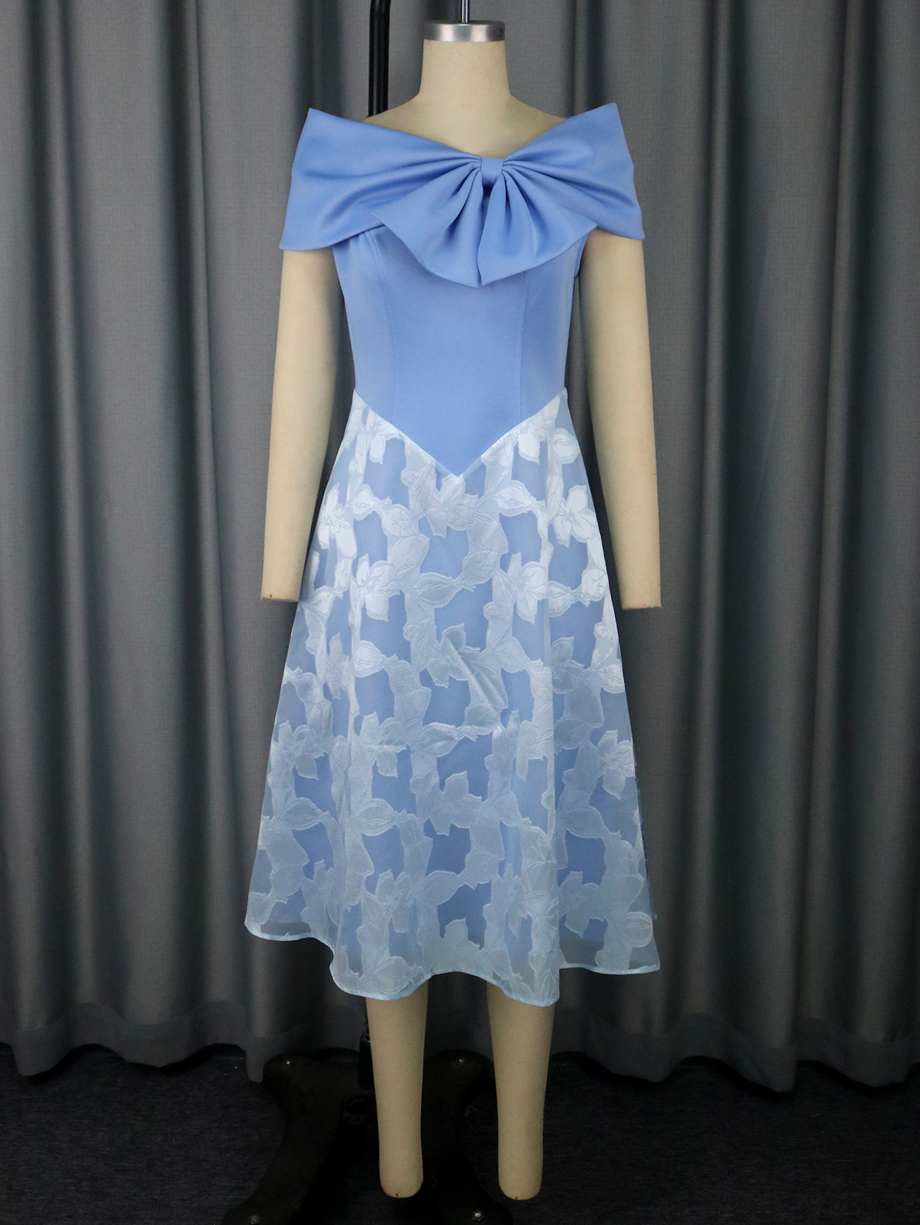 Elegant Bow Off-Shoulder Patchwork Blue Chiffon High-Waist Party Dress