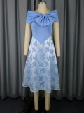 Elegant Bow Off-Shoulder Patchwork Blue Chiffon High-Waist Party Dress