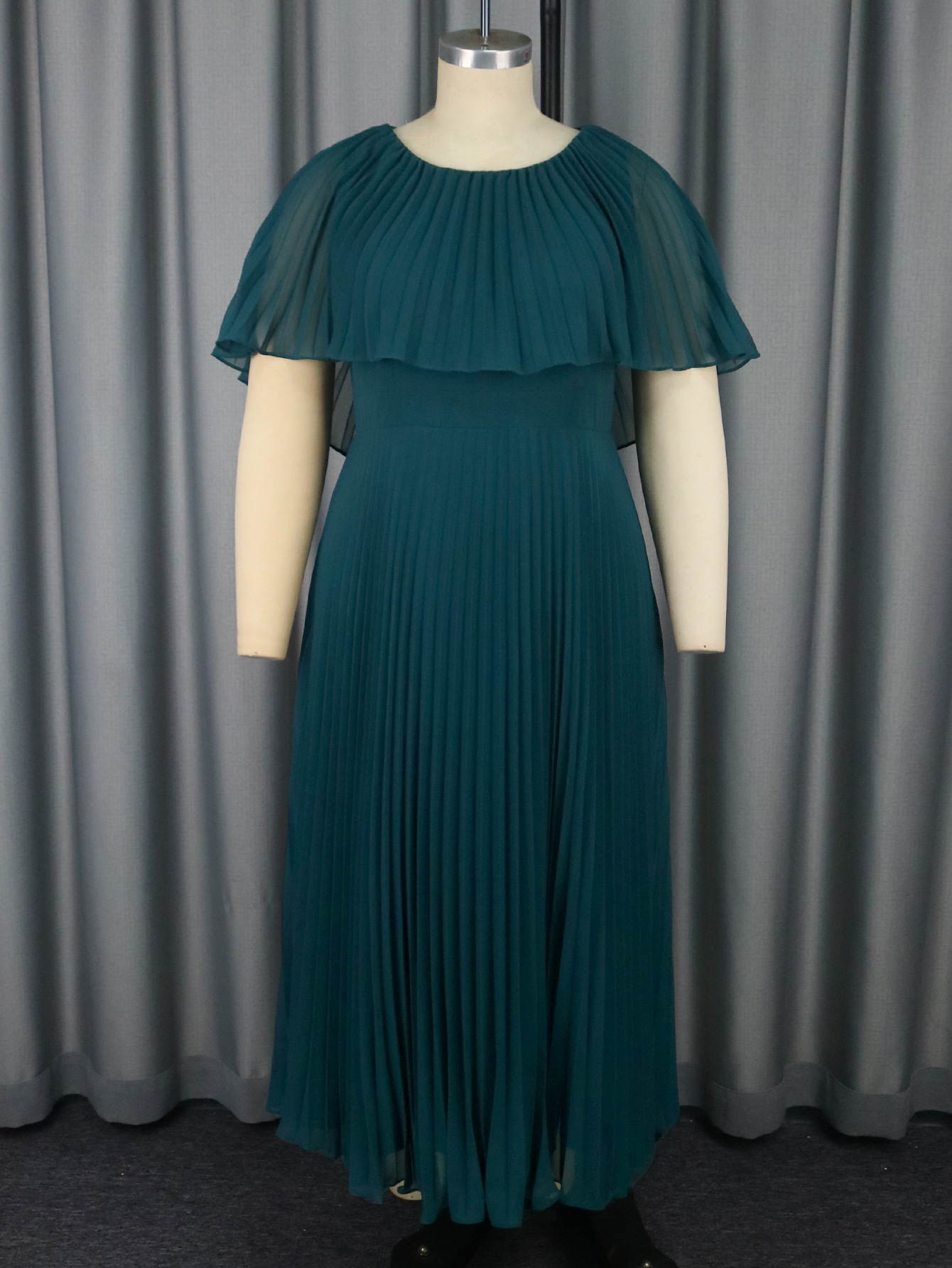 Round Neck Cape Short-Sleeve Dress Fashionable Formal Pleated Gown