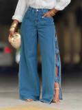 Cut-Out Floral Denim Pants