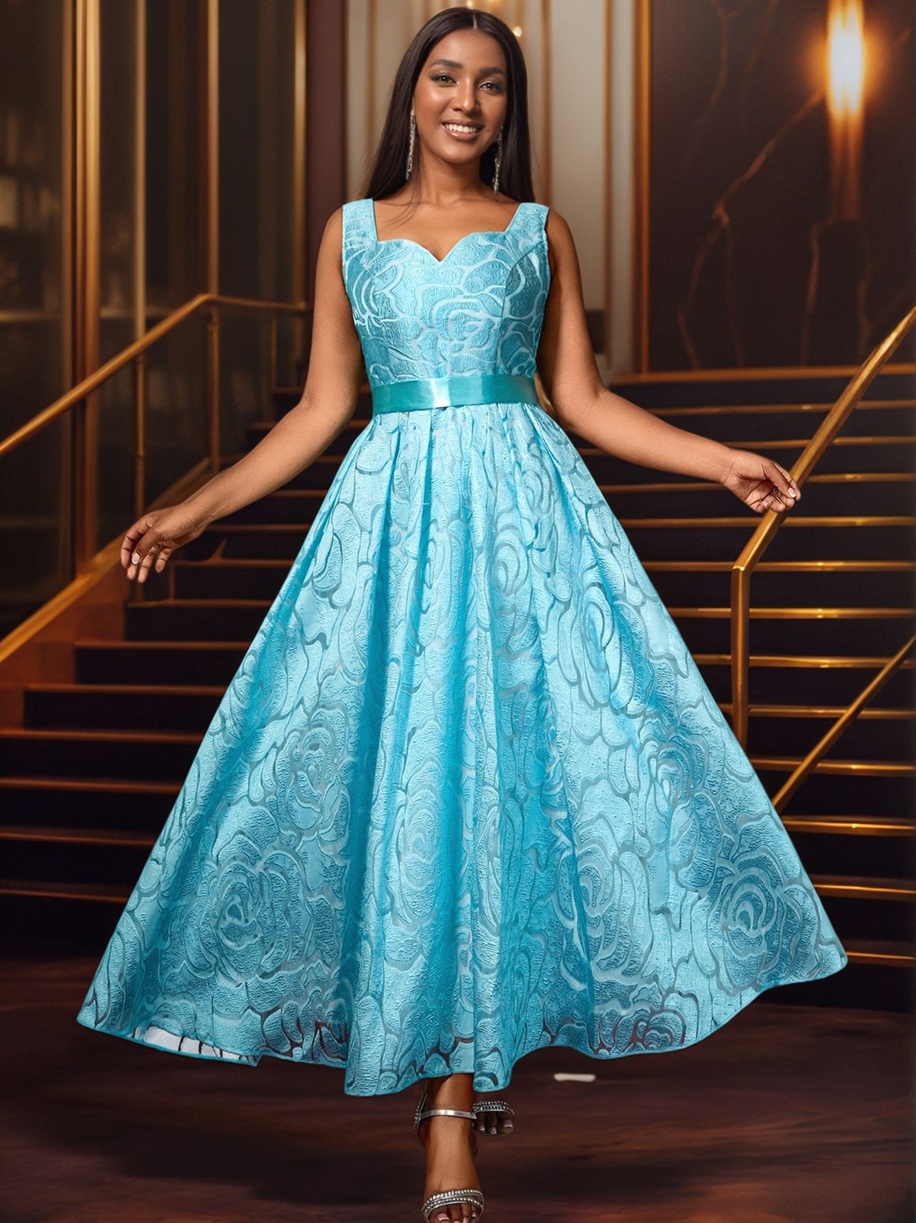 Women's Sexy V-Neck Strap Jacquard High-Waist Elegant Formal Party A-Line Dress