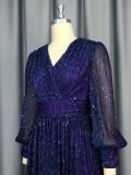 Sexy V-Neck Sequin Long-Sleeve Dress Purple Elegant Formal A-Line Gown