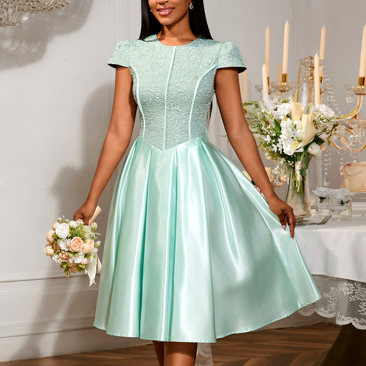 Summer Round Neck Rose Jacquard Bridesmaid Dress Bow Lace-Up Elegant Party Gown