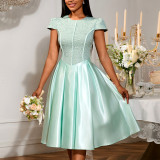 Summer Round Neck Rose Jacquard Bridesmaid Dress Bow Lace-Up Elegant Party Gown