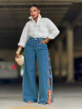Cut-Out Floral Denim Pants