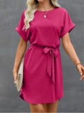 Women Lace-up Waist Short Sleeve Dress