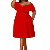 Women's Summer Short-Sleeve V-Neck Belt African Off-Shoulder Plus Size Dress Mom Dress