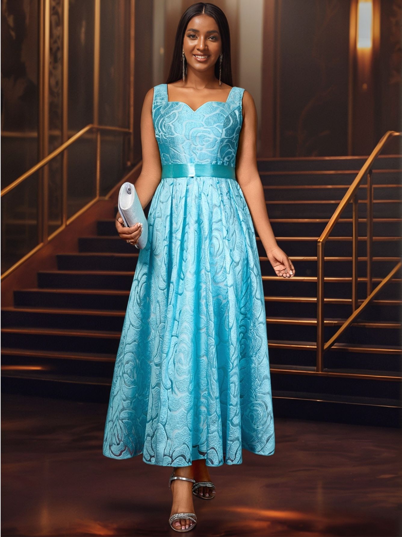 Women's Sexy V-Neck Strap Jacquard High-Waist Elegant Formal Party A-Line Dress