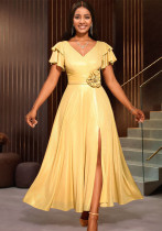 Sexy V-Neck Ruffle-Sleeve Party Dress Chic High-Waist Gold Evening Gown Sexy V-Neck Ruffle-Sleeve Party Dress Chic High-Waist Gold Evening Gown
