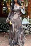 Women Autumn Printed Slash Shoulder Pleated Maxi Dress