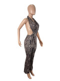Women's Sexy Leopard Print Low-Back Mesh Halter Neck Jumpsuit