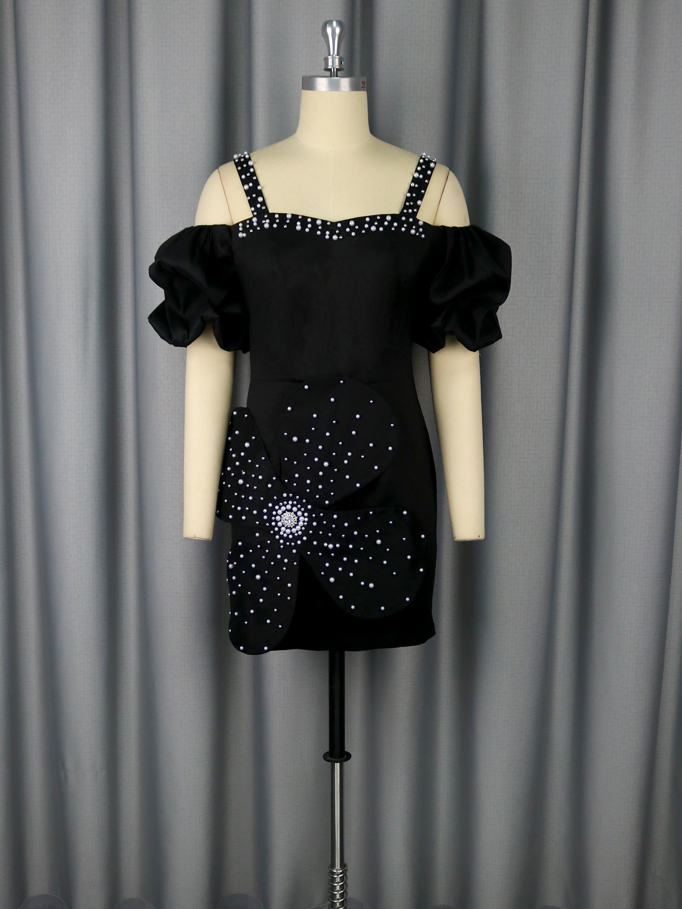 Sexy Off Shoulder Puff-Sleeve Beaded Black Party Mini Dress