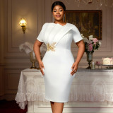 Embroidered Short-Sleeve Plus Size High-Waist Formal Party Dress