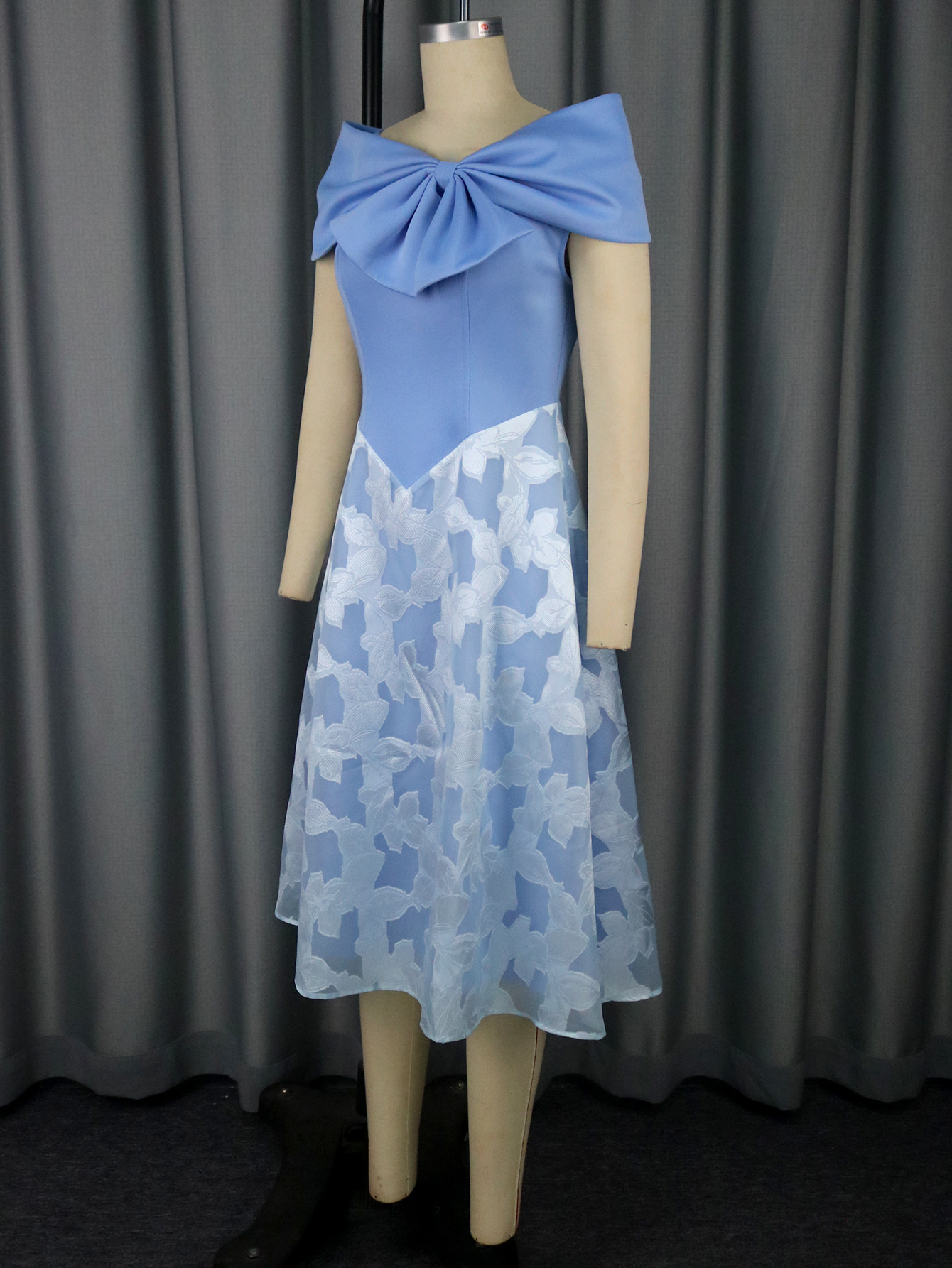 Elegant Bow Off-Shoulder Patchwork Blue Chiffon High-Waist Party Dress