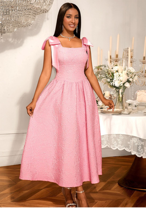 Women's Elegant Bow Lace-Up Rose Jacquard High-Waist A-Line Formal Party Gown