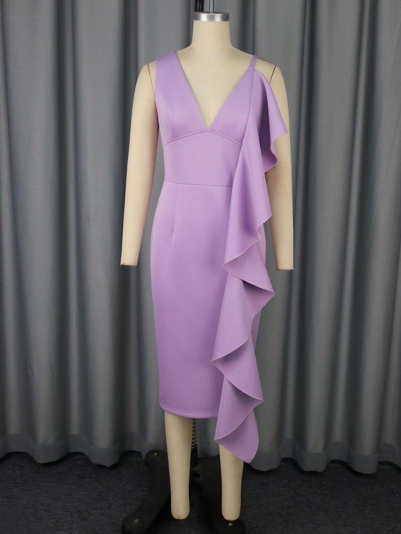 Women's Sexy V-Neck Strap Dress Chic Ruffle Hem Bodycon Formal Party Gown