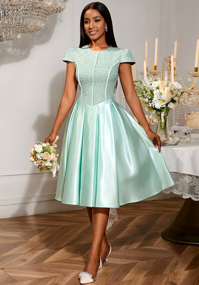 Summer Round Neck Rose Jacquard Bridesmaid Dress Bow Lace-Up Elegant Party Gown