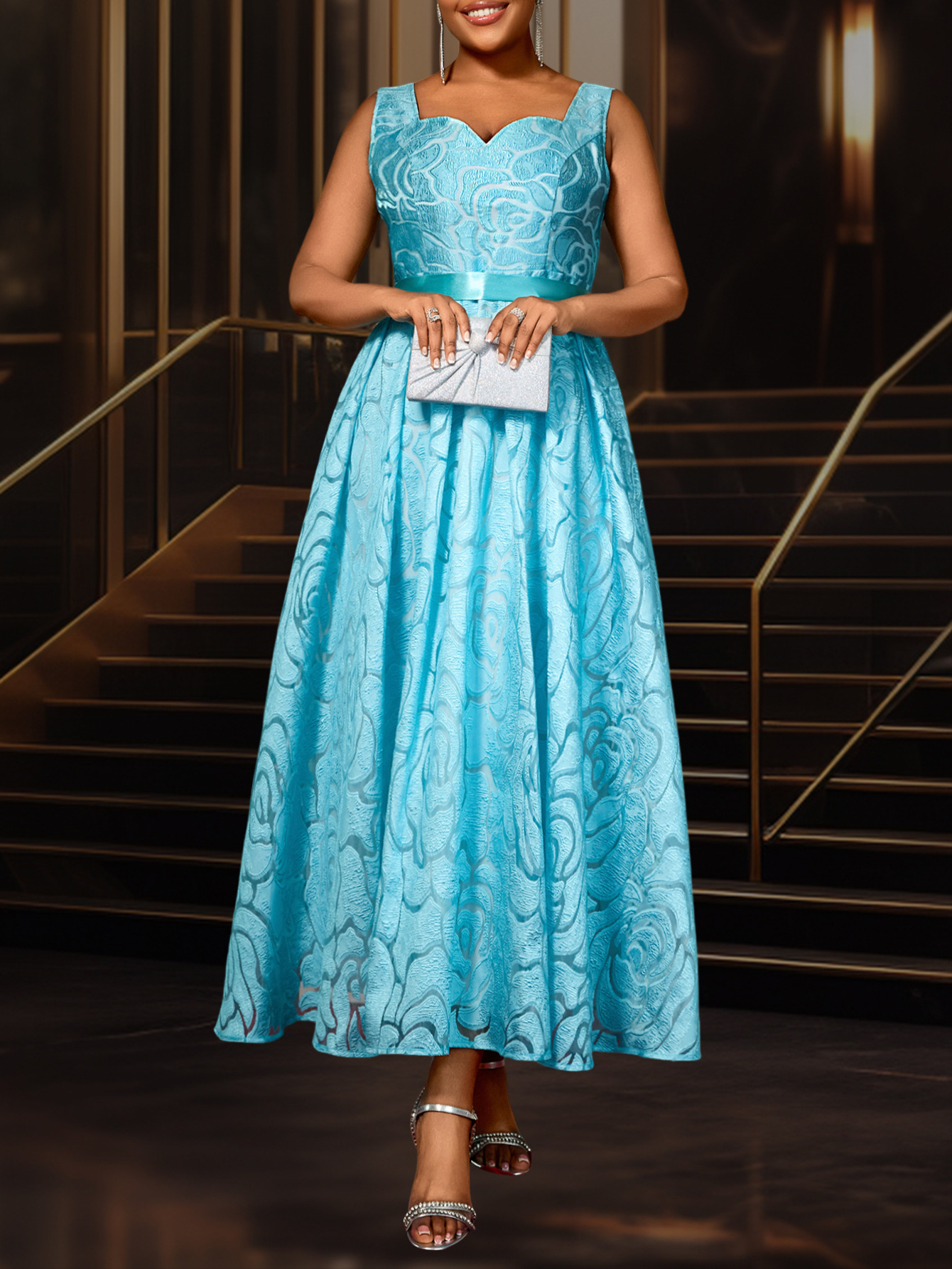 Women's Sexy V-Neck Strap Jacquard High-Waist Elegant Formal Party A-Line Dress