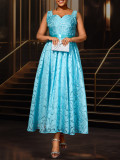 Women's Sexy V-Neck Strap Jacquard High-Waist Elegant Formal Party A-Line Dress